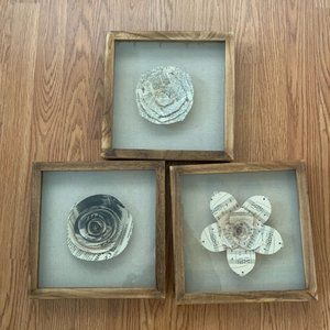 Set of 3 - Wooden Framed Paper Flower - 11" x 11"